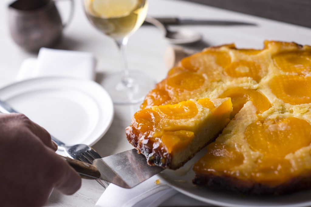 Peach and Apricot Upside-Down Cake, Fresh Tarragon Cream and Fleur de Sel Caramel